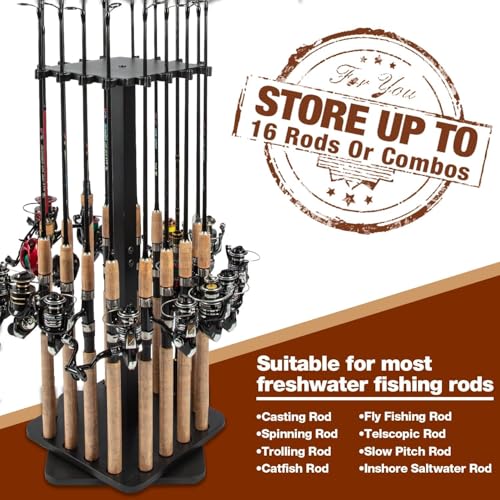 Ghosthorn Fishing Rod Holders for Garage 360 Degree Rotating Fishing Pole Rack, Floor Stand Holds up to 16 Rods Wood Fishing Gear Equipment Storage Organizer, Fishing Gifts for Men Women - Image 4