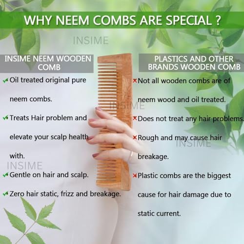 INSIME Neem wooden comb for women hair growth | Kacchi herb treated neem wood comb for men women | Wide tooth Hair comb for Men & Women - Image 4