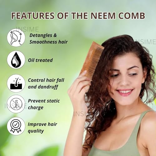 INSIME Neem wooden comb for women hair growth | Kacchi herb treated neem wood comb for men women | Wide tooth Hair comb for Men & Women - Image 2