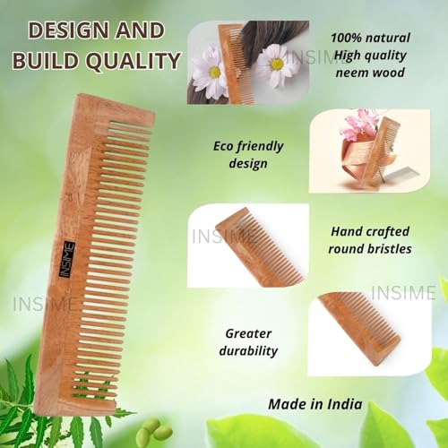 INSIME Neem wooden comb for women hair growth | Kacchi herb treated neem wood comb for men women | Wide tooth Hair comb for Men & Women - Image 3