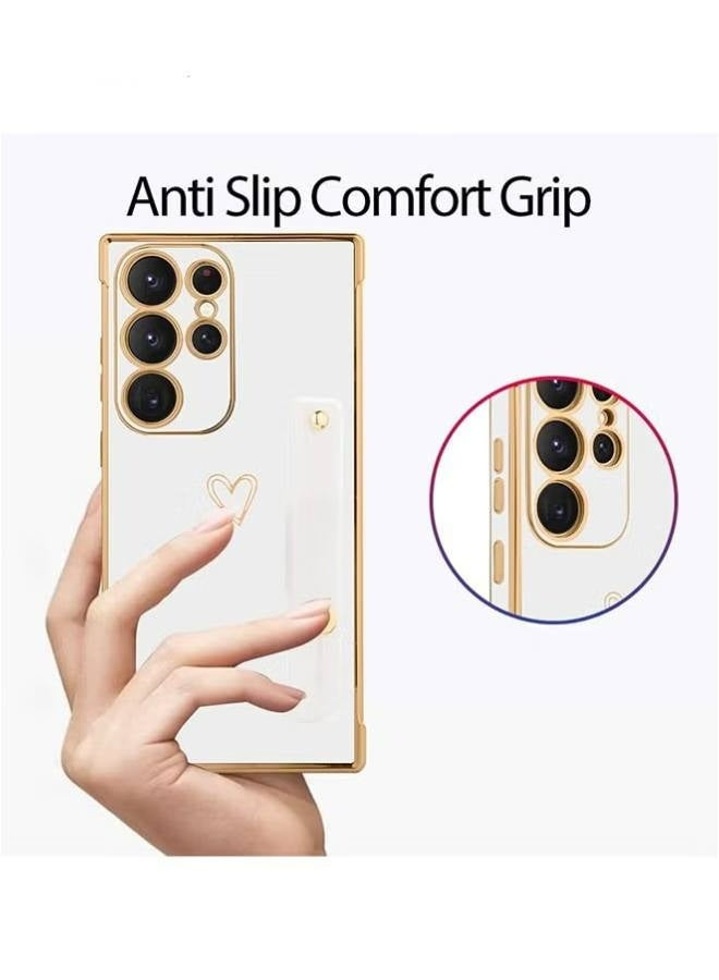 Compatible Samsung Galaxy S24  Enclosure with Finger Strap Luxury Cute Heart Electroplating Phone Case Full Body Protection Stand Cover for Galaxy S24 Ultra 5G Female Girl - White - Image 4