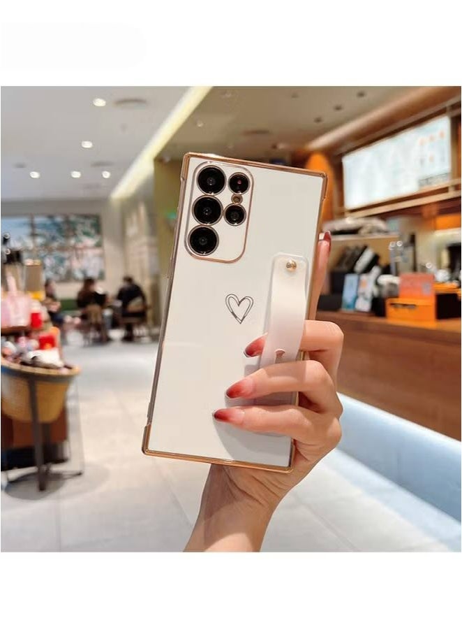 Compatible Samsung Galaxy S24  Enclosure with Finger Strap Luxury Cute Heart Electroplating Phone Case Full Body Protection Stand Cover for Galaxy S24 Ultra 5G Female Girl - White - Image 1