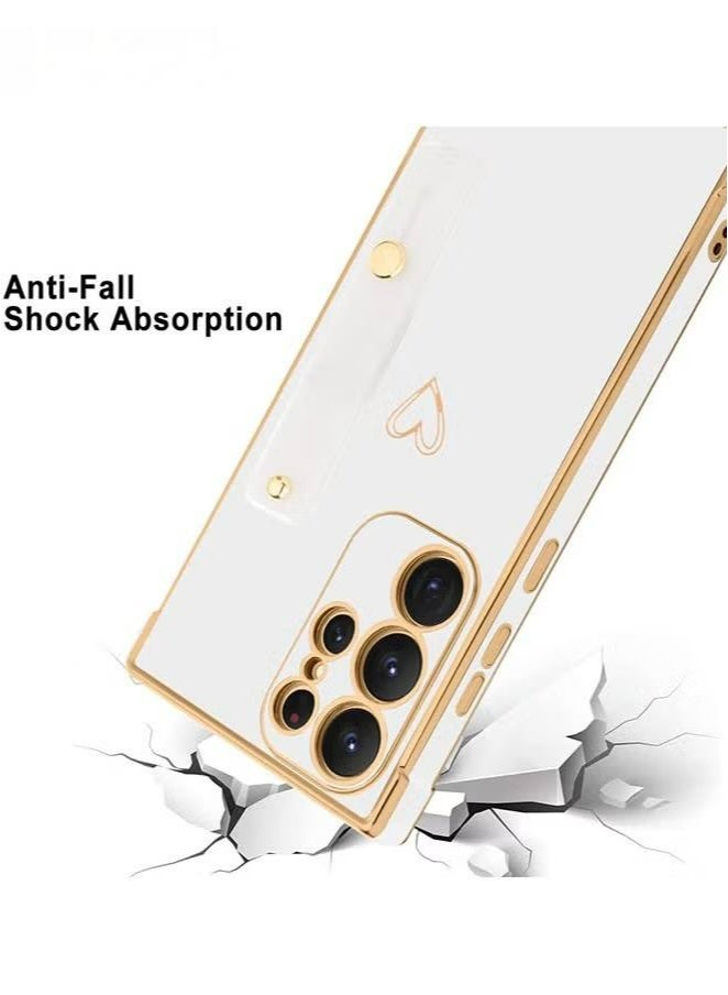 Compatible Samsung Galaxy S24  Enclosure with Finger Strap Luxury Cute Heart Electroplating Phone Case Full Body Protection Stand Cover for Galaxy S24 Ultra 5G Female Girl - White - Image 2