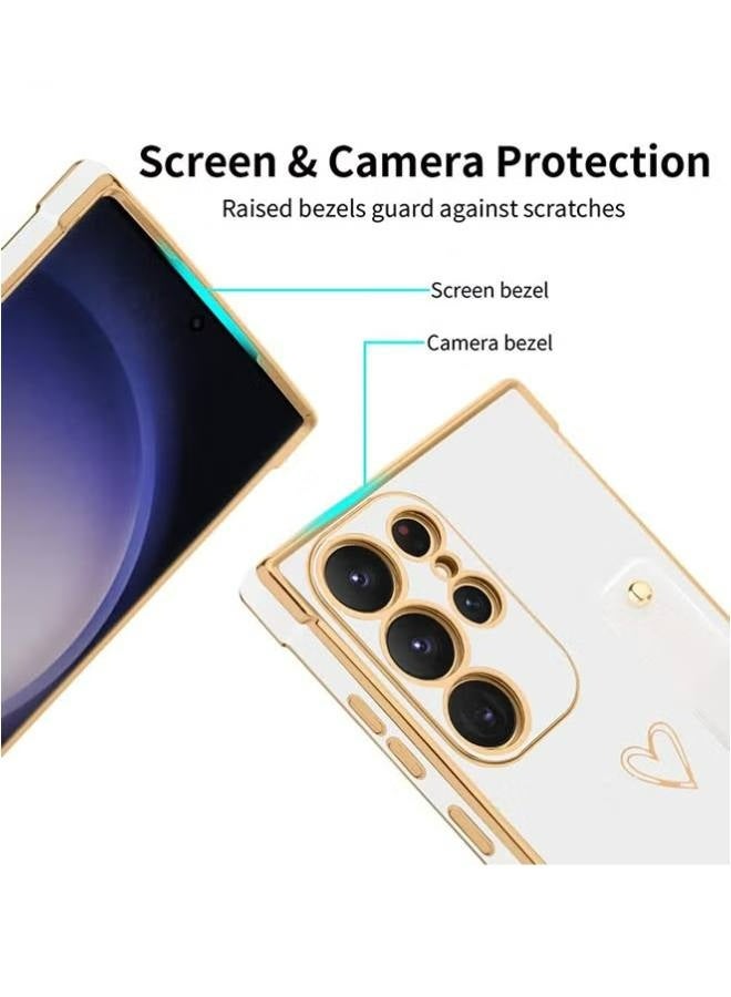 Compatible Samsung Galaxy S24  Enclosure with Finger Strap Luxury Cute Heart Electroplating Phone Case Full Body Protection Stand Cover for Galaxy S24 Ultra 5G Female Girl - White - Image 3