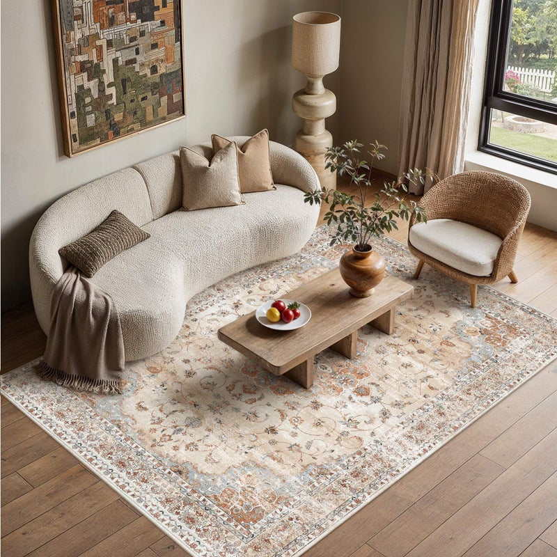 HUGEAR Machine Washable Area Rugs 5x7 Vintage Orange Living Room Bedroom Rug Neutral Style Non Slip Stain Resistant Low Pile Throw Carpet for Home Retro Aesthetic Modern Decor - Image 1