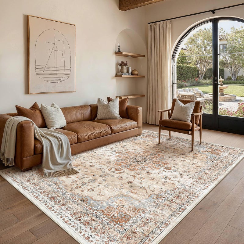 HUGEAR Machine Washable Area Rugs 5x7 Vintage Orange Living Room Bedroom Rug Neutral Style Non Slip Stain Resistant Low Pile Throw Carpet for Home Retro Aesthetic Modern Decor - Image 2
