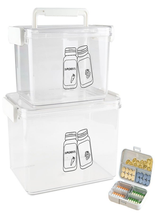 Xbopetda 3 Pack Supplement Bottle Organizer with Travel Pill Organizer, Clear Plastic Vitamin Pill Bottle Organizer with Lid & Handle, Stackable First Aid Box Empty for Medicine, Fish Oil, Supplements - Image 1