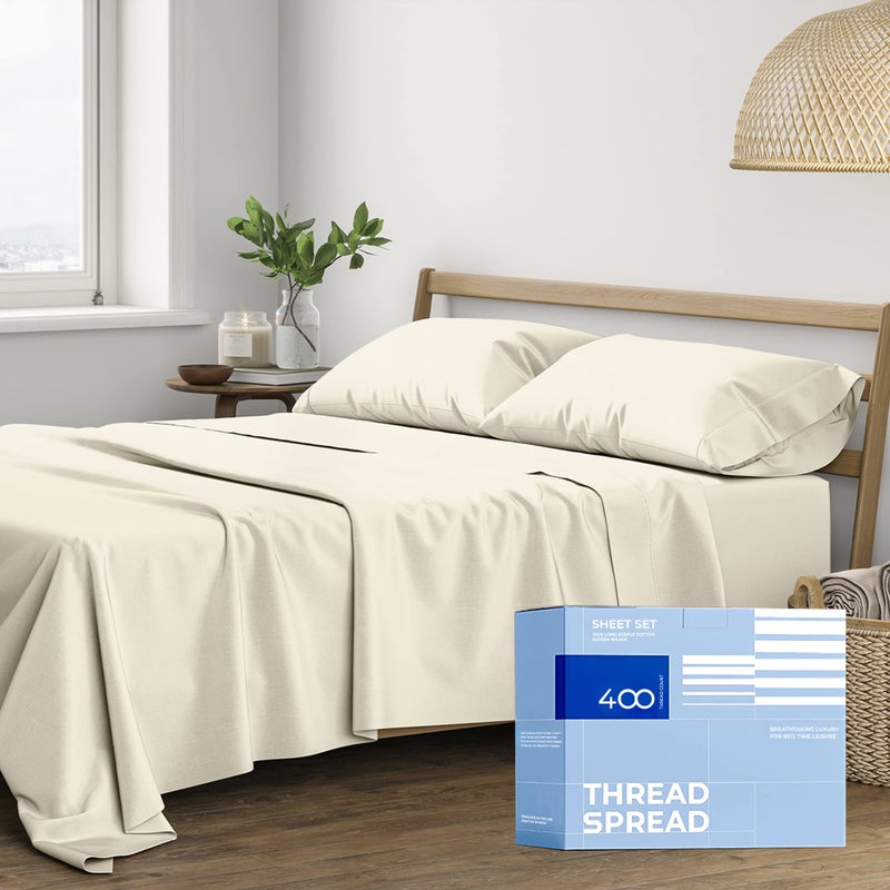THREAD SPREAD 400 Thread Count 100 Pure Cotton Sheet 4 PC Cal King Sheets Set California King Cooling Sheets Soft Breathable Bed Sheets 16 Deep Pocket Sheets Ivory
