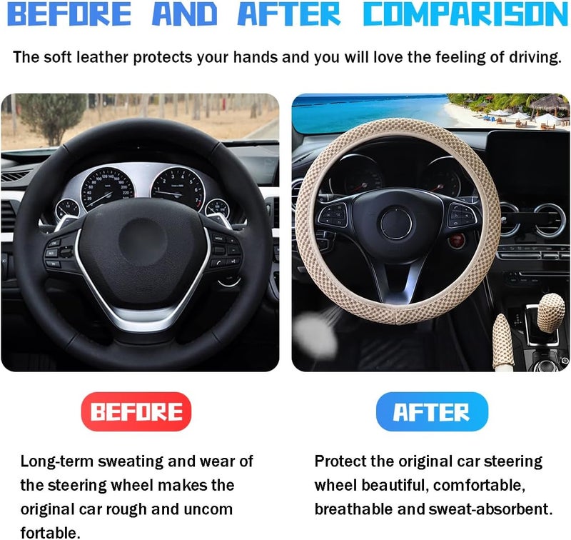 Bittwee 3PCS 15Inch Car Steering Wheel Cover Armrest Cover Gear Shift Cover Set, Microfiber Breathable Anti-Slip Automotive Steering Wheel Protector, Vehicle Interior Decor, Universal Fit（Beige） - Image 3