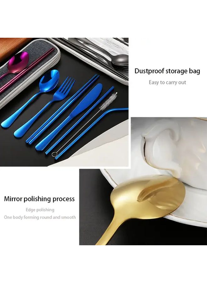 Blue 8 Piece Stainless Steel Travel Cutlery Set with Case for Outdoor - Image 2