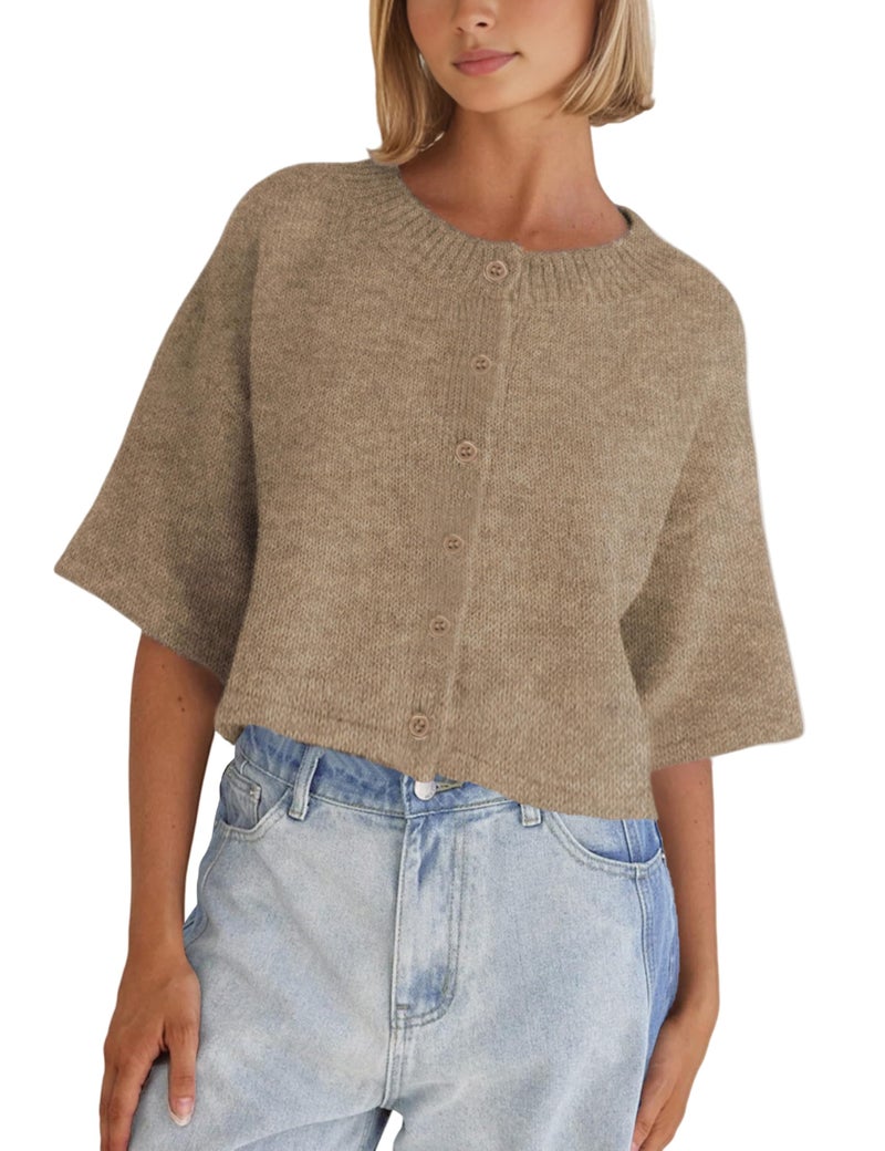 Springrain Cardigan Sweaters for Women Lightweight Knit Cropped Cardigan Button Up Solid Knitwear(Camel-M) - Image 1