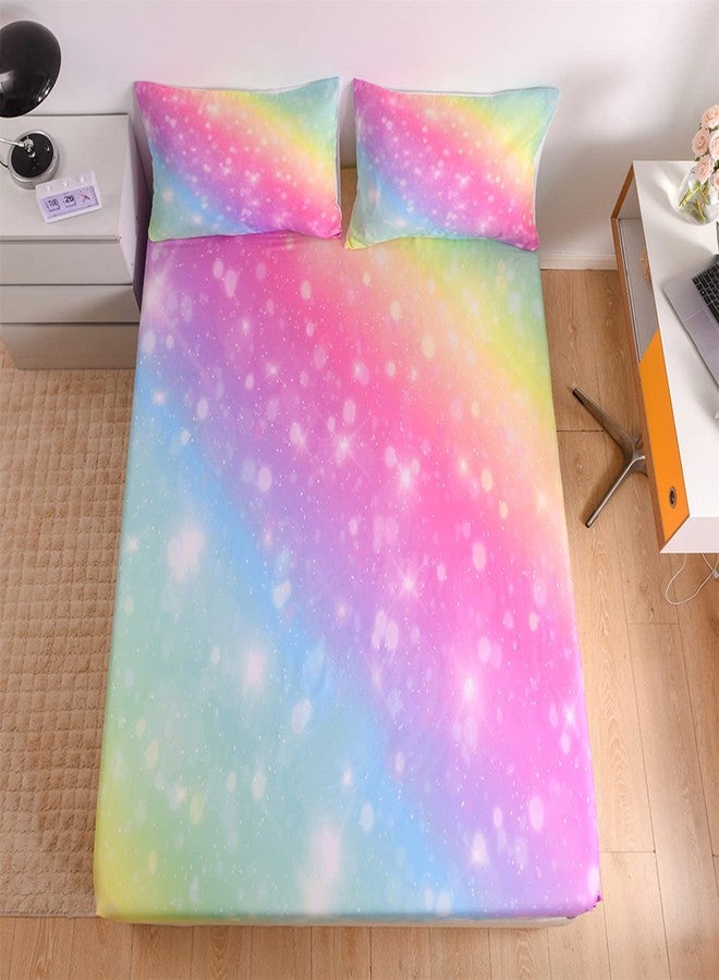 URLINENS Rainbow Sheets Twin Size 3 Piece, Tie Dye Pastel Girls Sheet Set for Kids Teens, Glitter Fun Girly Bed Sheets Soft Microfiber Rainbow Bedding Set 1 Fitted Sheet 1 Flat Sheet 1 Pillowcase - Image 4
