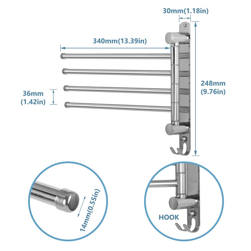 JSVER Bathroom Towel Rack JSVER 4 Arms Swivel Towel Holder, Towel Bar Wall Mounted, SUS304 Stainless Steel Space Saving Towel Rack, Towel Racks for Bathroom, Kitchen - Image 2