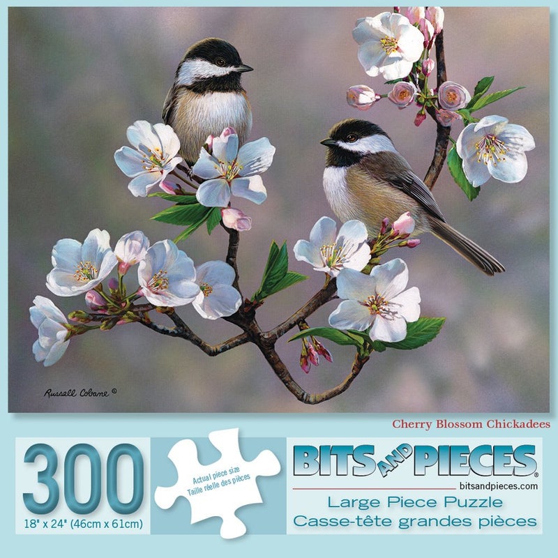 Bits and Pieces â€“ Large 300 Piece Jigsaw Puzzle for Adults â€“ Cherry Blossom Chickadees - Spring Birds Jigsaw Puzzle by Artist Russell Cobane, Completed Puzzle Size: 18" x 24" - Image 1
