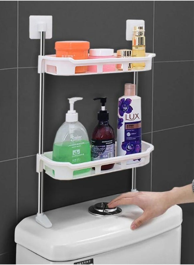 RACK STORE - 2-Tier Toilet Tank Top Caddy White Plastic Short Metal Wall Mount Bathroom Organizer Stainless Steel Pipe Tension Rod Shelf Bathroom And Kitchen Sink Top Storage Rack With Supporting Feet - Image 1