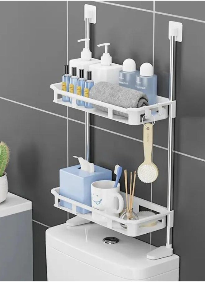 RACK STORE - 2-Tier Toilet Tank Top Caddy White Plastic Short Metal Wall Mount Bathroom Organizer Stainless Steel Pipe Tension Rod Shelf Bathroom And Kitchen Sink Top Storage Rack With Supporting Feet - Image 1