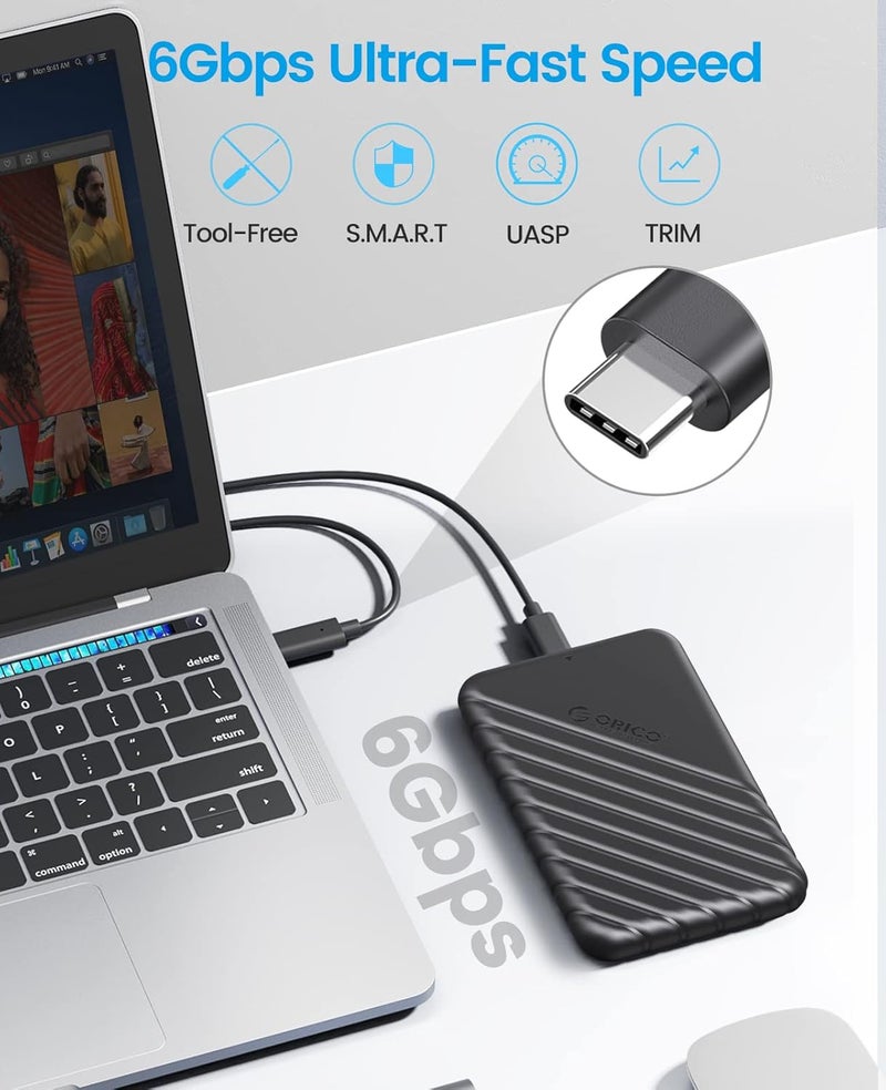 Orico حافظة قرص صلب USB C بحجم 2.5 بوصة USB 3.1 Gen 2 إلى SATA III لحالة قرص صلب خارجي SSD HDD 9.5 7mm بدون أدوات مع UASP، أسود (25PW1-C3) - Image 2