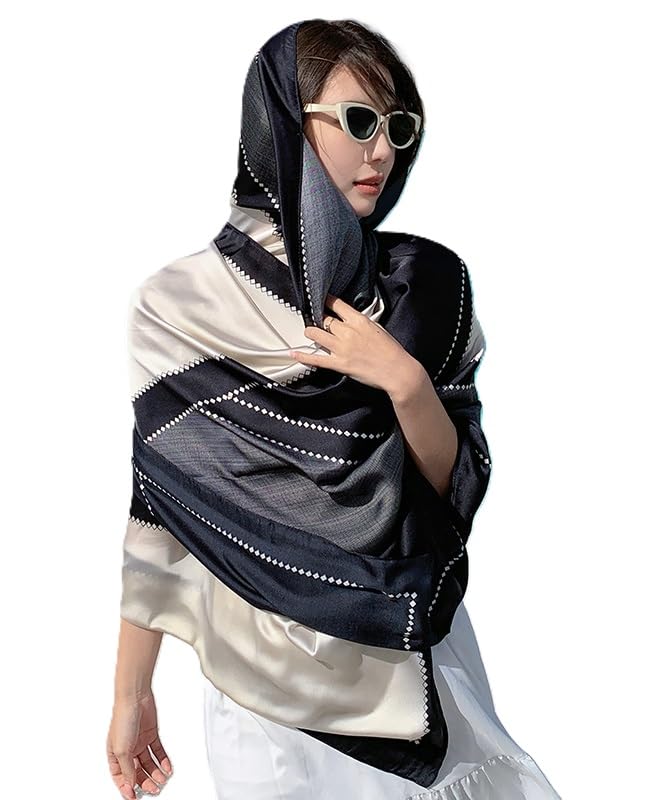 Alexvyan Satin Silk Summer Scarves 170 x 84 cm, Black & Grey Colour with Stitched Border, Lightweight Fashion Scarf for Women Sun Protection Stole - Image 1