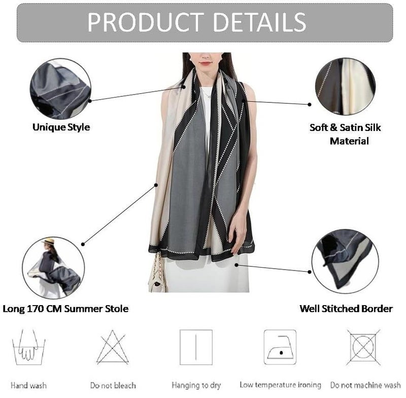 Alexvyan Satin Silk Summer Scarves 170 x 84 cm, Black & Grey Colour with Stitched Border, Lightweight Fashion Scarf for Women Sun Protection Stole - Image 2