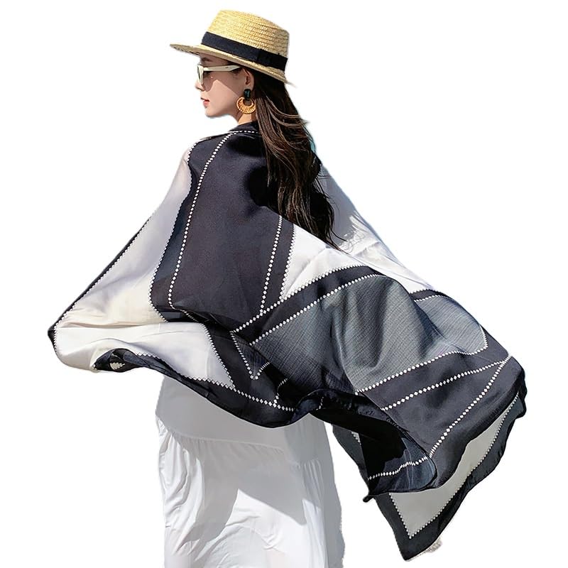 Alexvyan Satin Silk Summer Scarves 170 x 84 cm, Black & Grey Colour with Stitched Border, Lightweight Fashion Scarf for Women Sun Protection Stole - Image 4