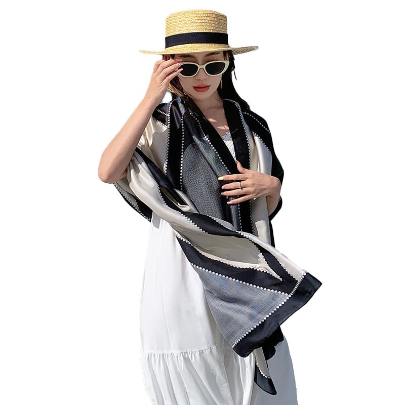 Alexvyan Satin Silk Summer Scarves 170 x 84 cm, Black & Grey Colour with Stitched Border, Lightweight Fashion Scarf for Women Sun Protection Stole - Image 5