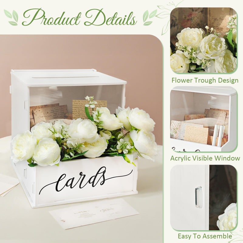 SOFARKKT White Card Box with Slot, Wedding Card Boxes for Reception with Flower Trough, Elegant Suggestion Box for Gift Cards Envelope, Perfect for Birthday Bridal Shower Graduation Party Table Decor - Image 4