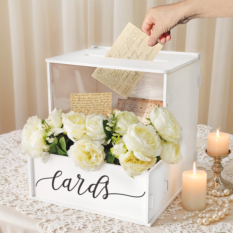 SOFARKKT White Card Box with Slot, Wedding Card Boxes for Reception with Flower Trough, Elegant Suggestion Box for Gift Cards Envelope, Perfect for Birthday Bridal Shower Graduation Party Table Decor - Image 3