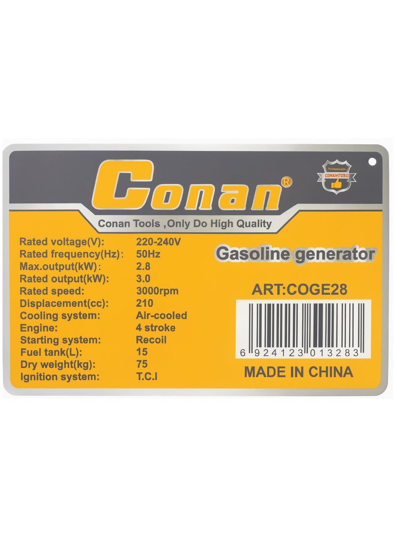 Conan Gasoline Generator, 3.0kW Output, 210cc Copper Coil 4-Stroke Engine, 15L Tank – Model COGE28 - Image 4