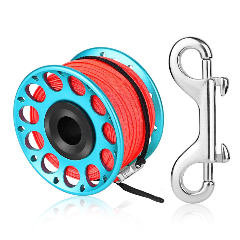 Pluzluce Scuba Diving Reel Large Spinning Spool Finger Reel with DoubleEnded Bolt Snap Clip with 30m100ft High Visibility Line Aluminum Dive Reel for Wreck Cave Diving Spearfishing Fishing Blue Reel - Image 2