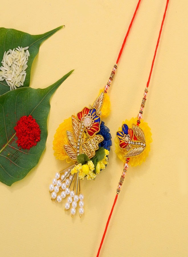 Poorak Festives Rakshabandhan Zardosi Work Yellow Bhaiya Bhabhi Rakhi Set - Image 2