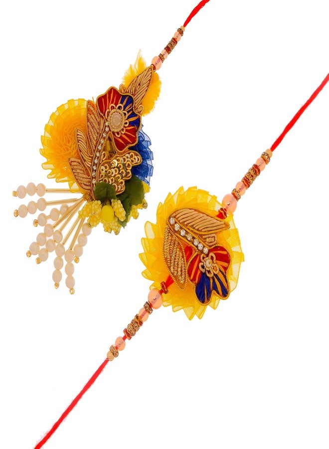 Poorak Festives Rakshabandhan Zardosi Work Yellow Bhaiya Bhabhi Rakhi Set - Image 1