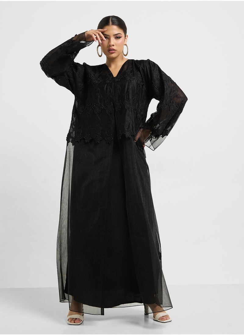 hayas closet - Embroidered Mesh Detailed Abaya - Image 1