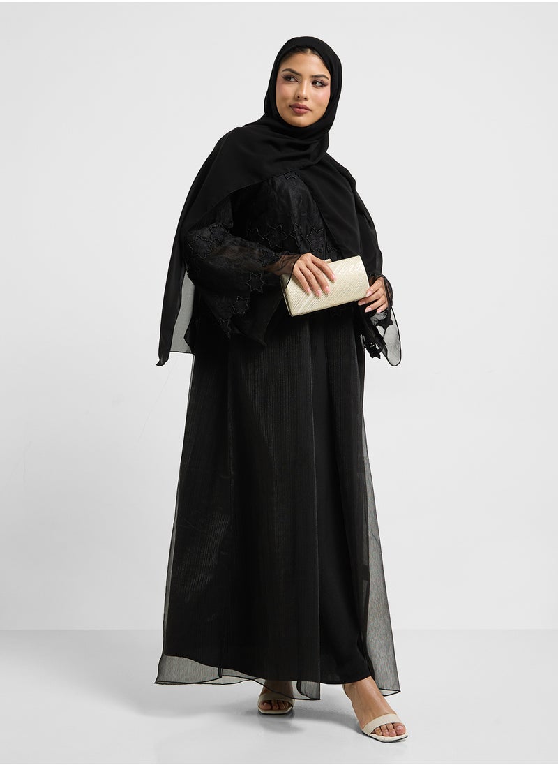 hayas closet - Embroidered Mesh Detailed Abaya - Image 1