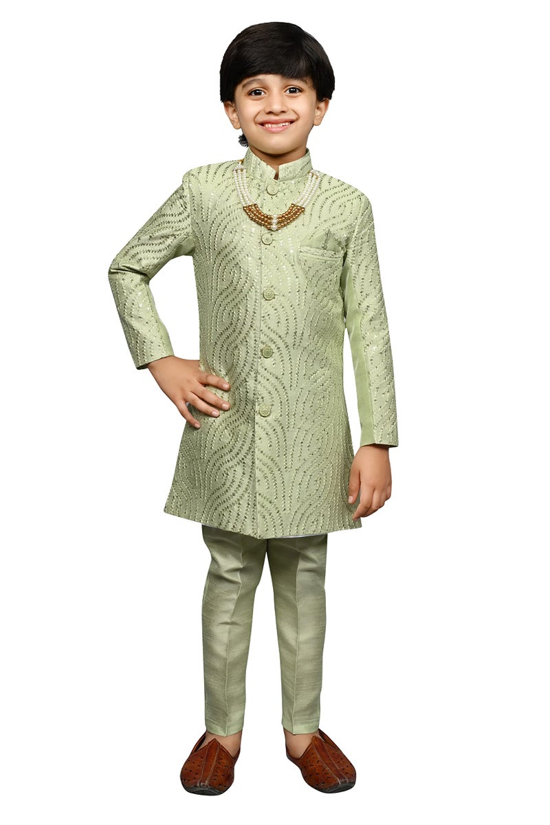 AHHAAAA Kids Ethnic Silk Blend Sequin Print Indo-Western Sherwani Set For Boys - Image 1