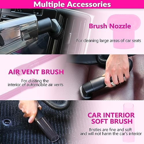 ThinkLearn Car Cleaning Kit, Car Vacuum Detailing Kit Interior with High Power Handheld Vacuum, Including 7Pcs Detailing Brush Set, Windshield Cleaner, Pink Car Accessories for Women - Image 3