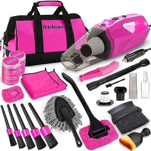 ThinkLearn Car Cleaning Kit, Car Vacuum Detailing Kit Interior with High Power Handheld Vacuum, Including 7Pcs Detailing Brush Set, Windshield Cleaner, Pink Car Accessories for Women - Image 1