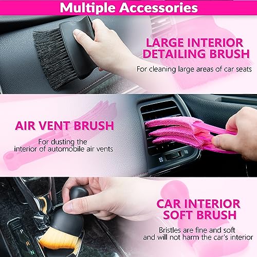 ThinkLearn Car Cleaning Kit, Car Vacuum Detailing Kit Interior with High Power Handheld Vacuum, Including 7Pcs Detailing Brush Set, Windshield Cleaner, Pink Car Accessories for Women - Image 4