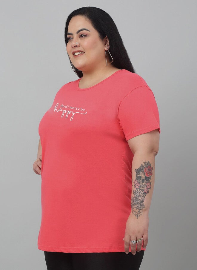 TREND LEVEL Coral Pink Typography Printed Cotton T-shirt for Women - Image 3