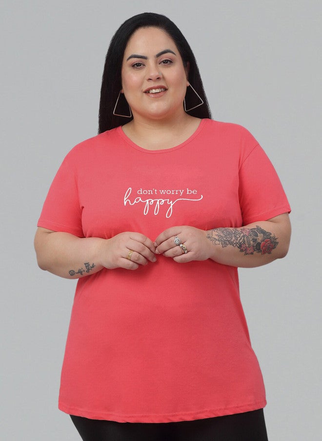 TREND LEVEL Coral Pink Typography Printed Cotton T-shirt for Women - Image 1