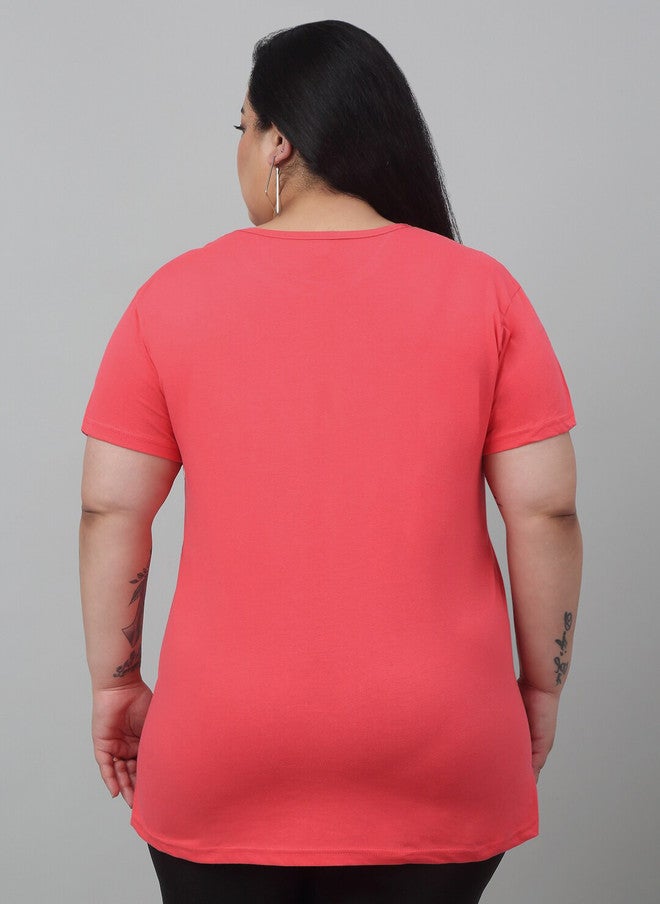 TREND LEVEL Coral Pink Typography Printed Cotton T-shirt for Women - Image 4