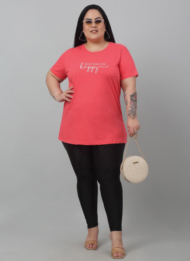 TREND LEVEL Coral Pink Typography Printed Cotton T-shirt for Women - Image 5