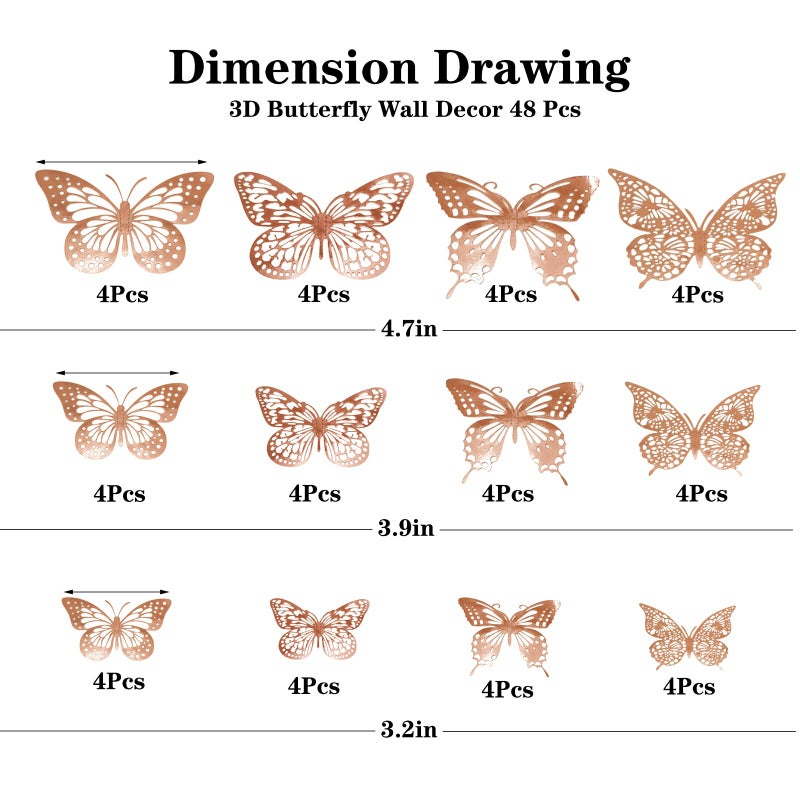 Meikeer 3D Butterfly Wall Decor 48 Pcs 4 Styles 3 Sizes  for Birthday Decorations Party Decorations  Removable Wall Stickers Interior Decoracions Kids Nursery Classroom Wedding Decor (Rose Gold) - Image 2