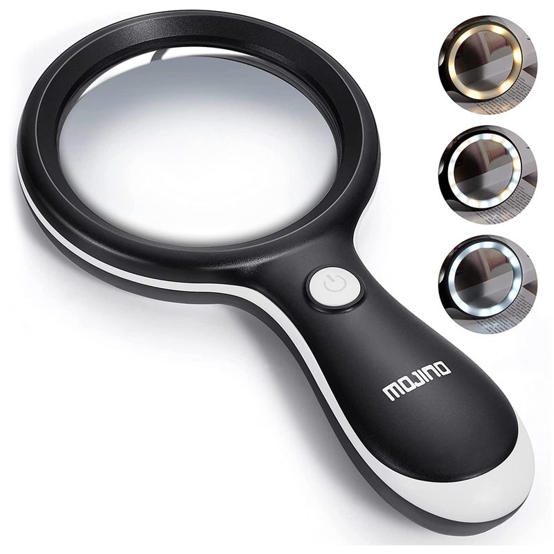 MOJINO 10X Lighted Large Handheld Reading Magnifier Glasses with 18 LED Lights for Macular Degeneration Seniors  Kids Reading Inspection Coins Jewelry Exploring