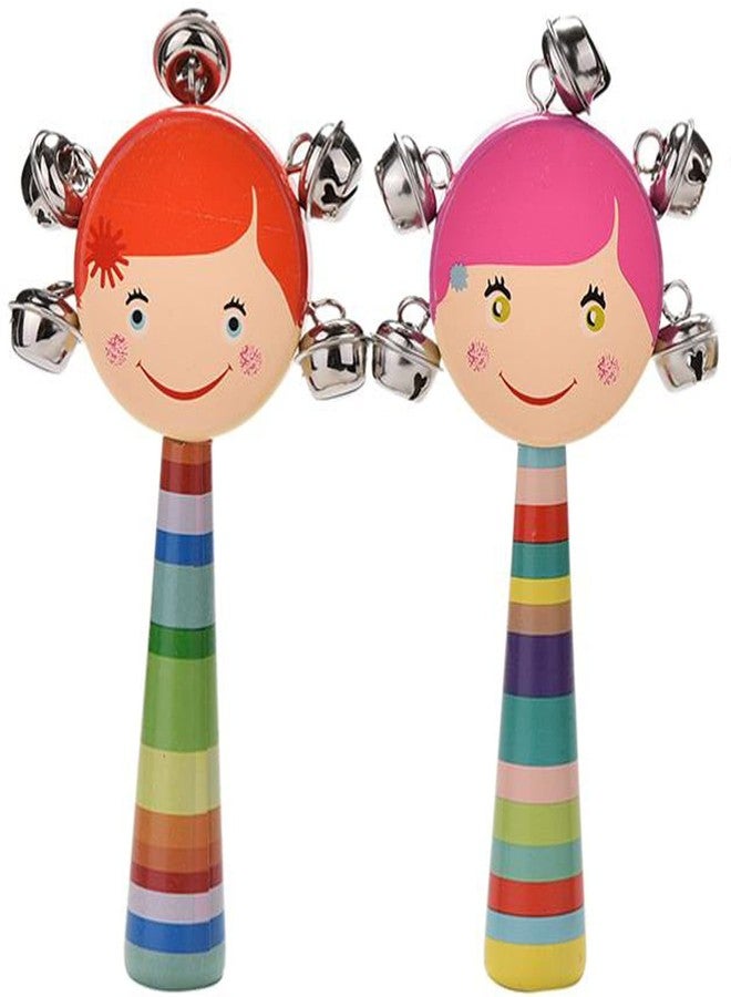 Shopfleet Colorful Wooden Rainbow Baby Handle Jingle Bell Rattle Toys Pack of 2 Round Face Rattle (Multicolor) - Image 1