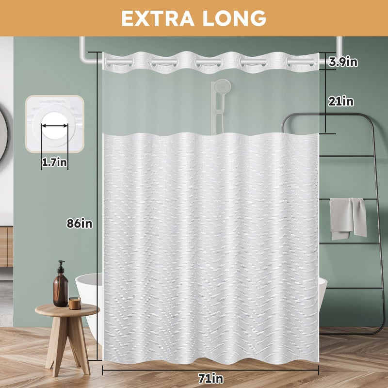 FADOTY No Hook Shower Curtain and Snap in Liner Set White Tufted Chevron Striped Cloth Waterproof Washable Fabric Boho Farmhouse Bath Curtain See Through Mesh Top Window for Bathroom Hotel 71"" x 86"" - Image 5