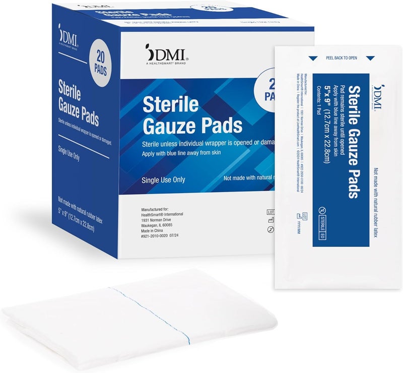 DMI Sterile 20 Pack Abd Abdominal Combine Pads 5x9 Non-Stick Gauze Pads, Individually Wrapped-Highly Absorbent-Latex-Free, Wound Care Dressings Post-Surgery, First Aid Kits, Emts, Hospitals, Home
