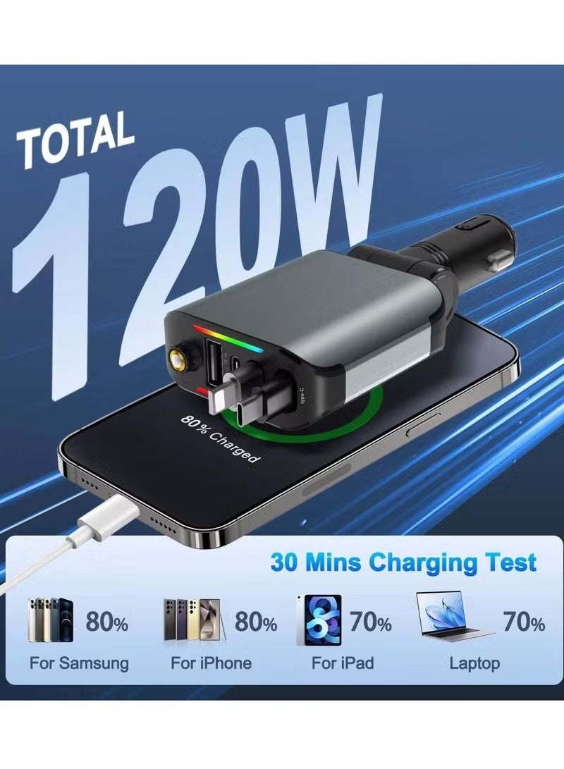 ACLIX 120W Car Charger, 4-in-1 Multifunctional Car Charger with Starry Sky Projector, Retractable Cable Fast Charging Adapter Type-C and Lightening OTG Compatible With Iphone 17 Series/16/15/14/13/12 Pro Max Xr, Samsung, Ipad, Pixel - Image 5