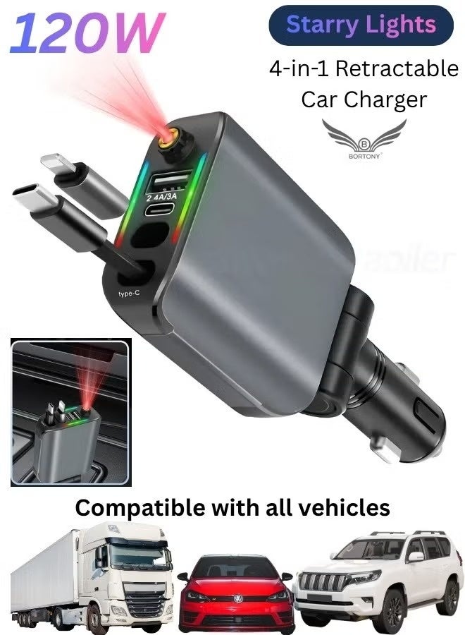 ACLIX 120W Car Charger, 4-in-1 Multifunctional Car Charger with Starry Sky Projector, Retractable Cable Fast Charging Adapter Type-C and Lightening OTG Compatible With Iphone 17 Series/16/15/14/13/12 Pro Max Xr, Samsung, Ipad, Pixel - Image 4