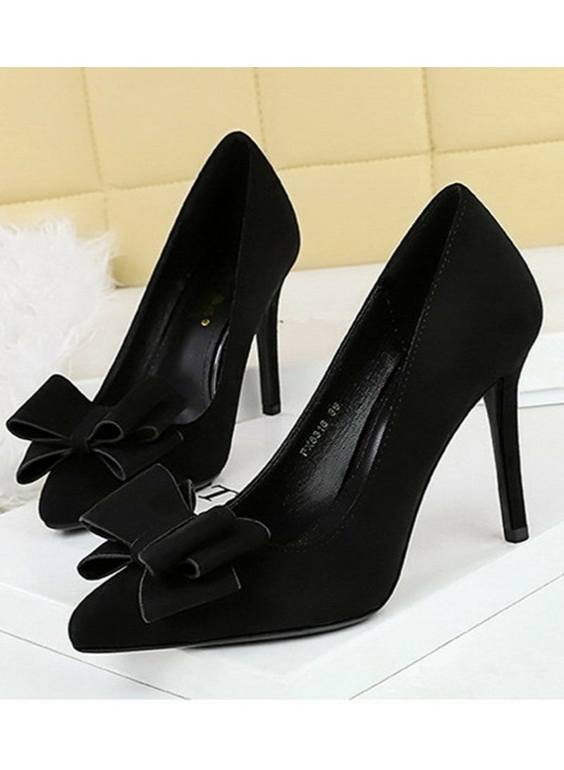 BIGTREE Women's Closed Pointed Toe High Heels Bowknot Decoration Stiletto Pumps Black 10CM - Image 1