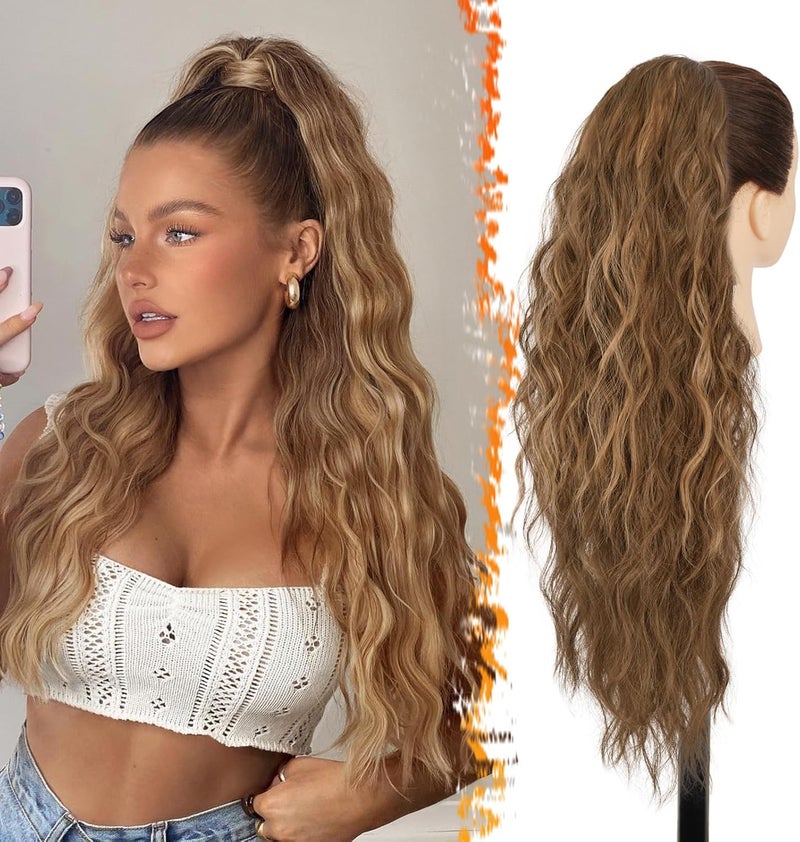 BARSDAR Drawstring Ponytail Extension 26 Inch Long Curly Wavy Highlight Drawstring Ponytail Hair Extensions for Women Synthetic Clip in Ponytail Hairpieces Fake Pony Tail Dark Brown Auburn